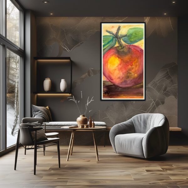 Watercolor painting of a red apple.