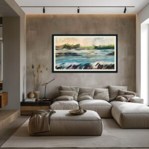Abstract landscape painting, serene waters.