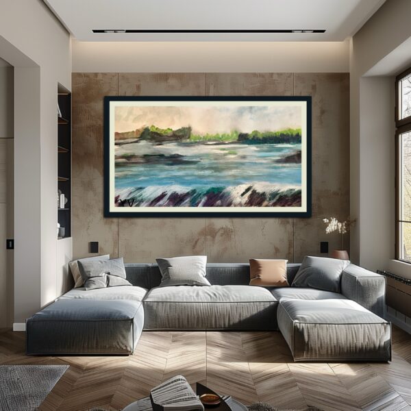 Abstract landscape painting of river scene.