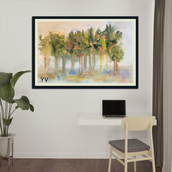 Watercolor painting of a forest.