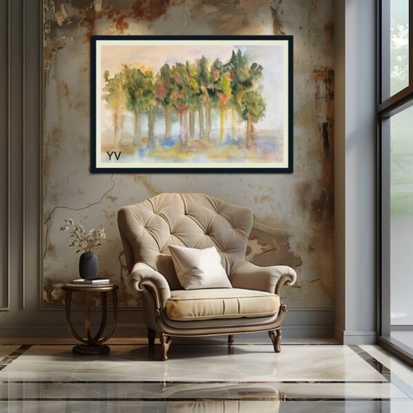 Watercolor painting of trees in a forest.