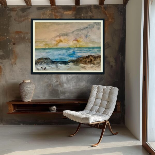 Seascape watercolor painting on wall.