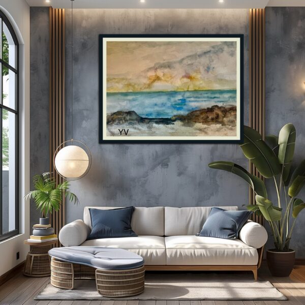 Serene watercolor seascape painting.