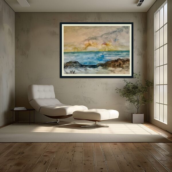 Watercolor seascape painting on wall.