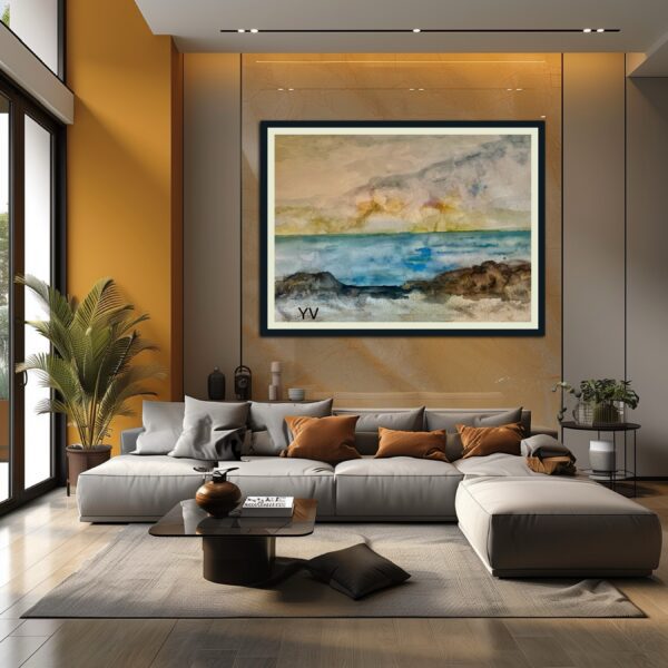 Seascape watercolor painting on wall.