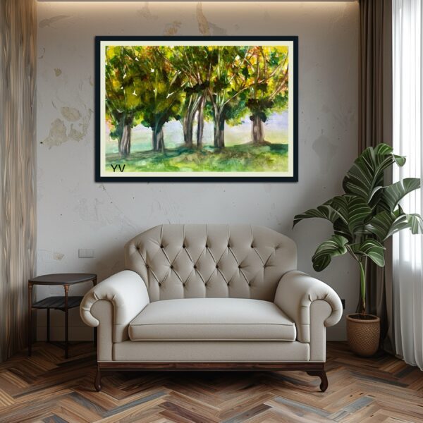 Watercolor painting of trees in a field.
