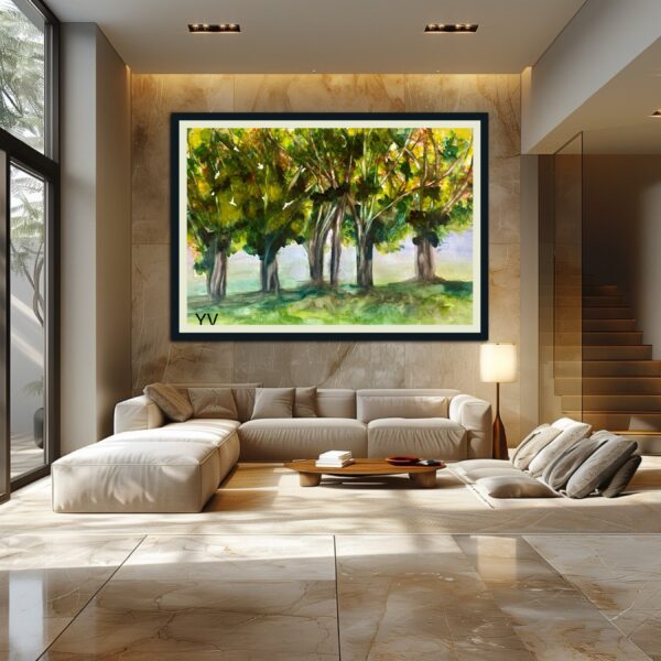 Watercolor painting of trees in a grove.