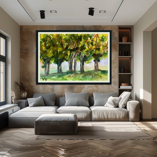 Watercolor painting of trees in a grove.