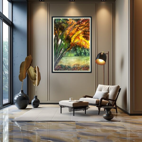 Autumn tree watercolor landscape painting.