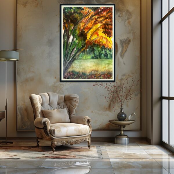 Autumn watercolor landscape painting.