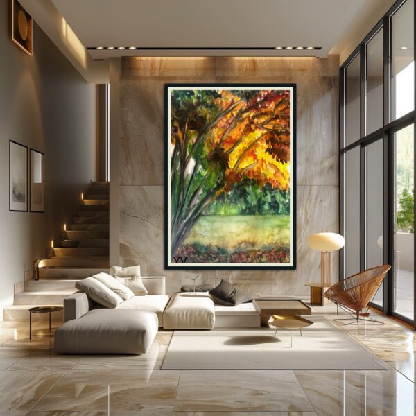 Autumn watercolor landscape painting.