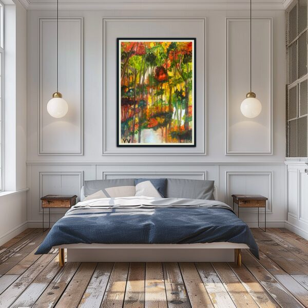 Autumnal forest painting on bedroom wall.
