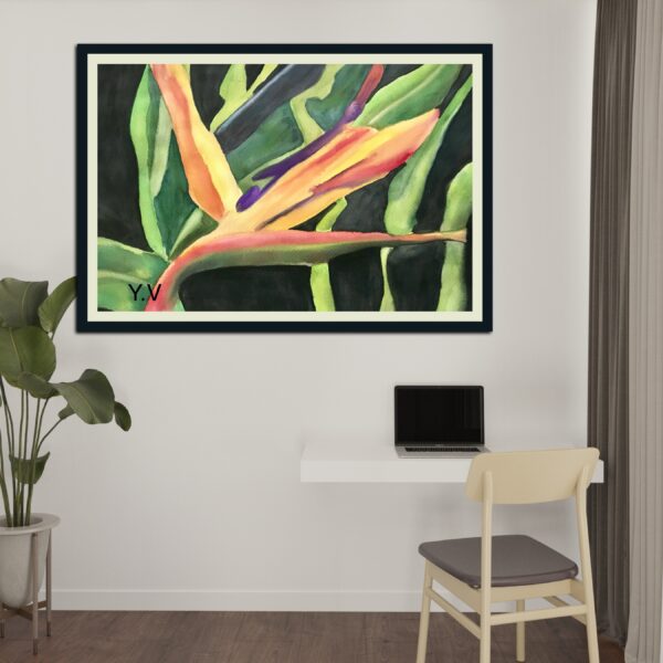 Watercolor painting of a bird of paradise flower.