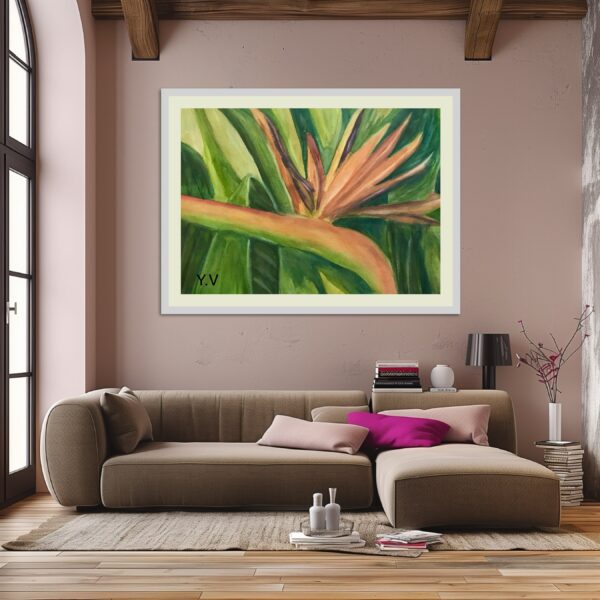 A living room with a couch and a large painting