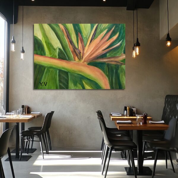 A painting of a plant in the middle of a restaurant.