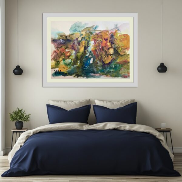 A painting of fruit on the wall above a bed.