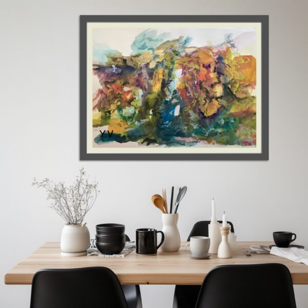 A painting of flowers on the wall above a table.