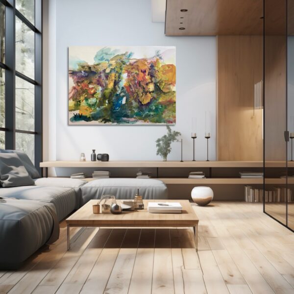 A living room with a couch and table
