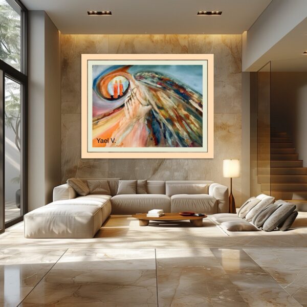 A large painting of an abstract landscape in the middle of a living room.