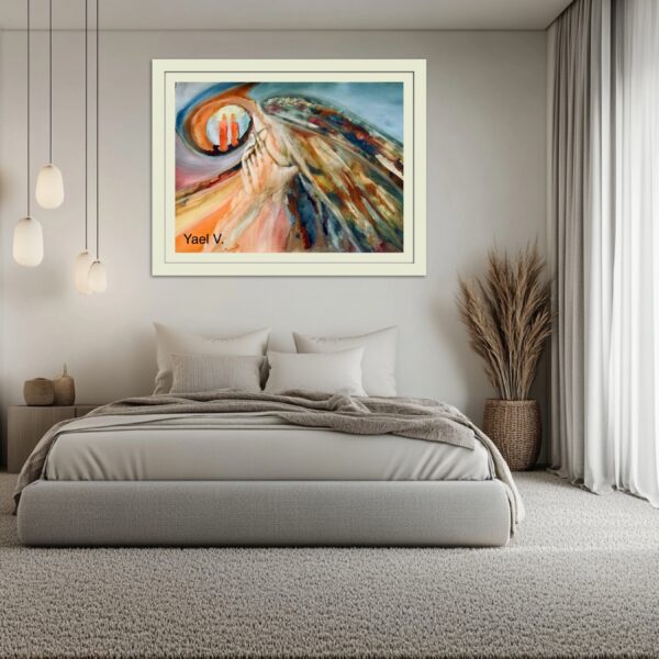 A painting of an abstract landscape in the middle of a bedroom.