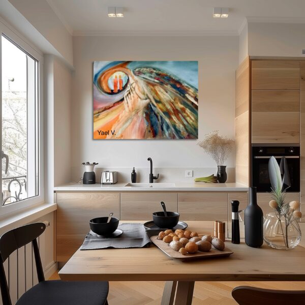 A painting of an abstract landscape in the middle of a kitchen.