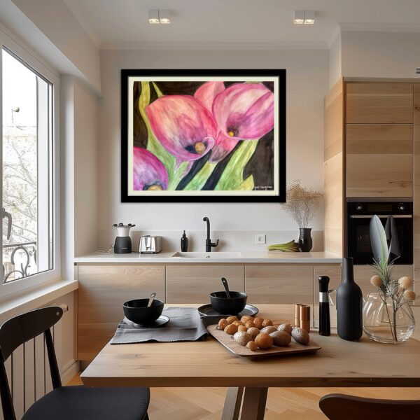 A painting of pink flowers on the wall above a table.