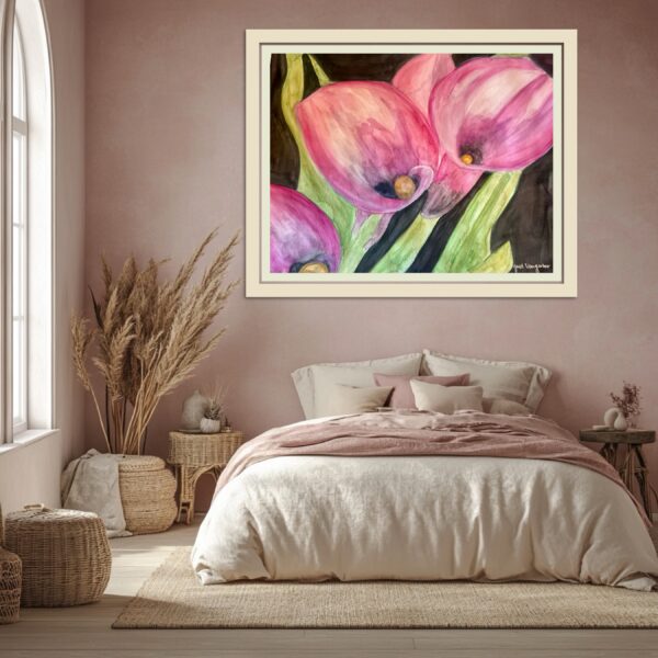 A bedroom with a bed and a painting of flowers.