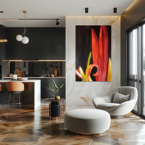A living room with a large painting on the wall