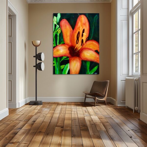 A large painting of an orange flower in the middle of a room.