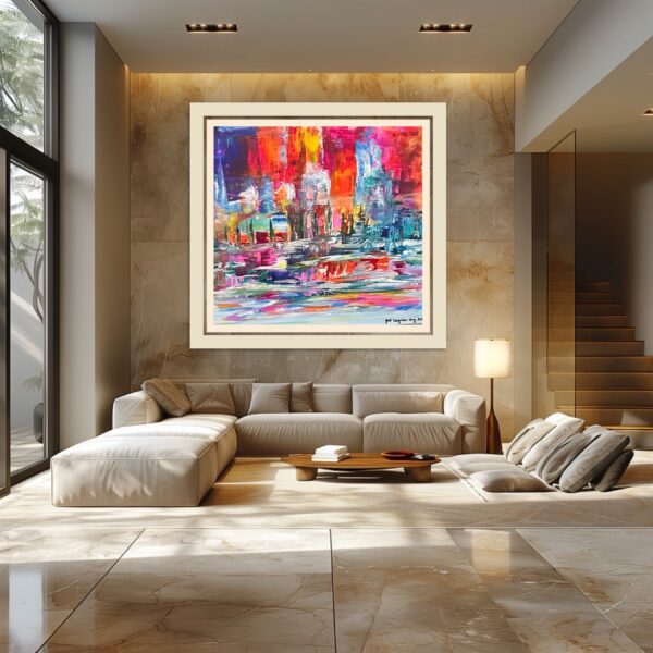 A living room with couches and a large painting