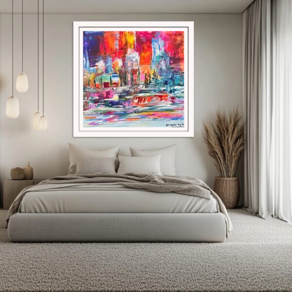 A large painting of a city with lights on the wall