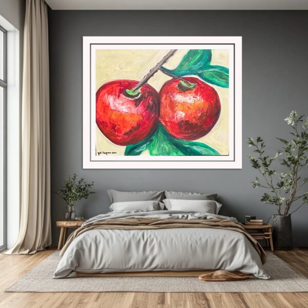 A painting of two apples hanging on a tree.