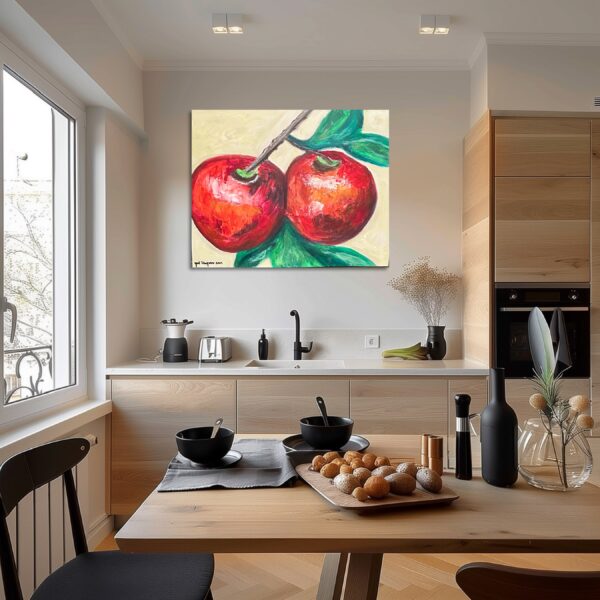 A painting of two apples on the wall in a kitchen.