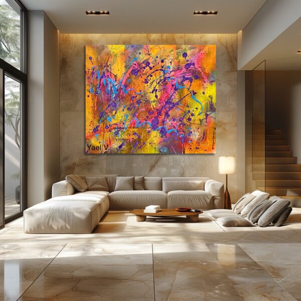 A living room with a couch and table