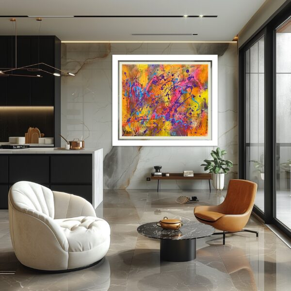 A living room with a large painting on the wall