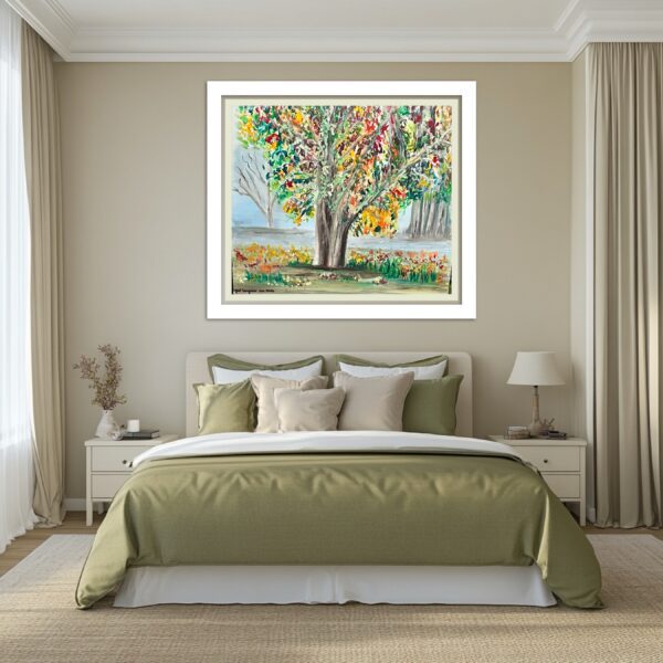 A painting of a tree with many colors