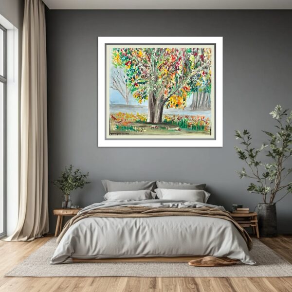 A painting of trees in the middle of a bedroom