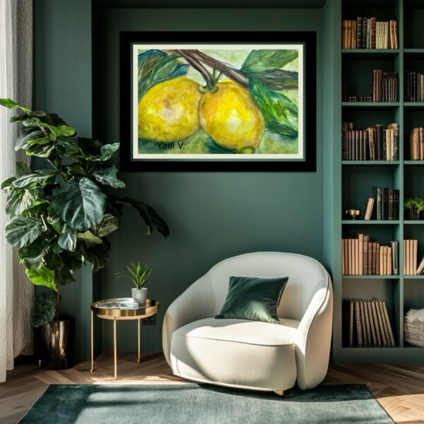 A painting of two pears hanging on a tree.