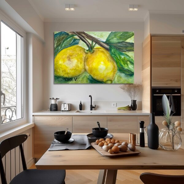 A painting of two lemons hanging on the wall.