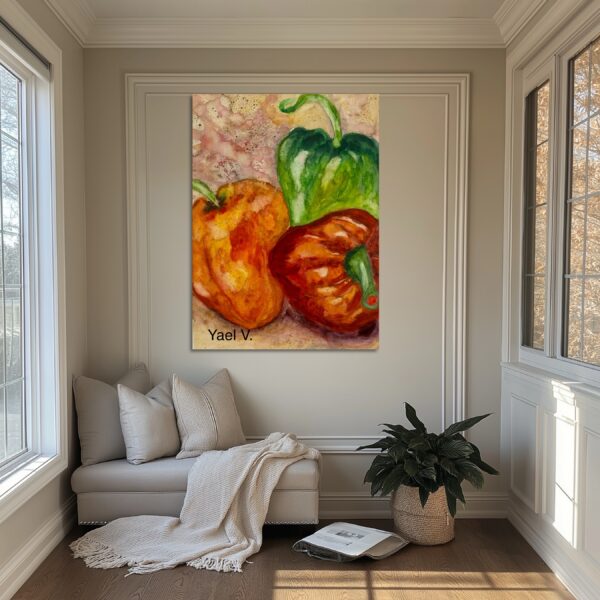 A painting of peppers in the corner of a room.