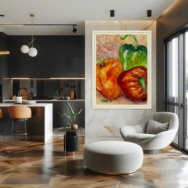 A painting of tomatoes and peppers in the middle of a room.