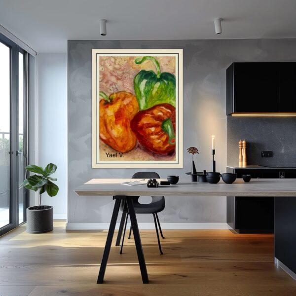 A painting of tomatoes and peppers in the middle of a room.