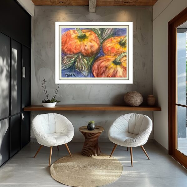 A painting of tomatoes in front of a window.