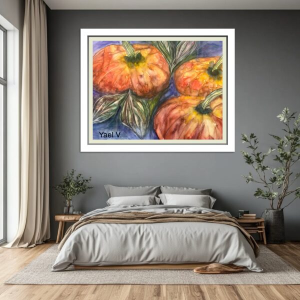 A painting of three apples on the wall above a bed.