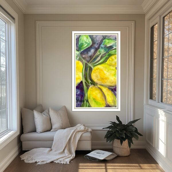 A painting of yellow and green leaves in the corner.