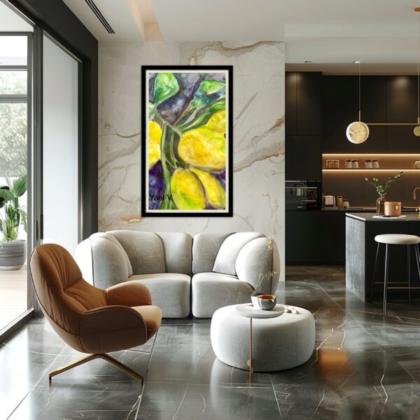 A living room with white furniture and a large painting.
