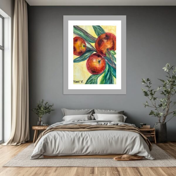 A painting of three apples hanging on a tree.