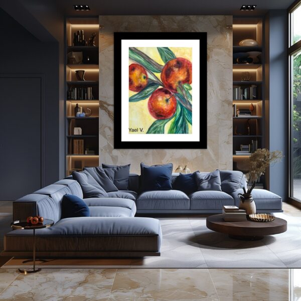 A living room with blue furniture and large painting