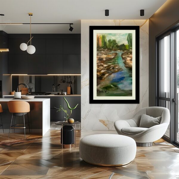 A living room with a large painting of a river