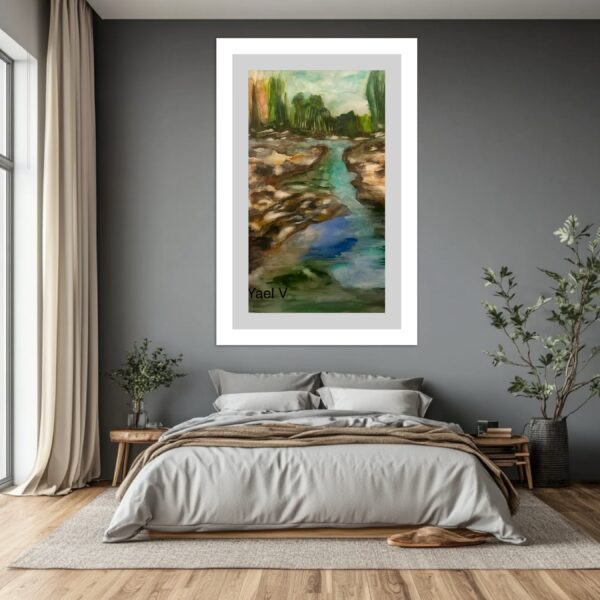 A painting of a river and trees in the background